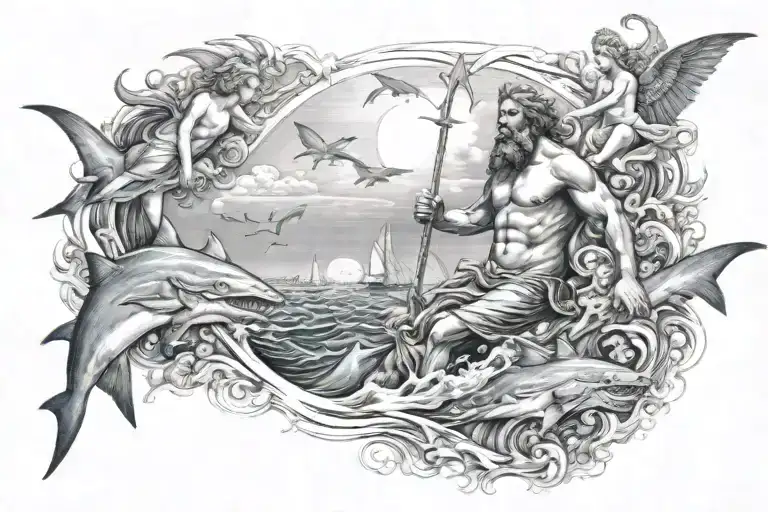 Poseidon in the sea with sharks and two angels in the sky with a background in the sky tattoo design idea