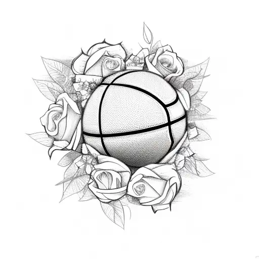 Sketch of a basketball hoop surrounded by roses tattoo design idea