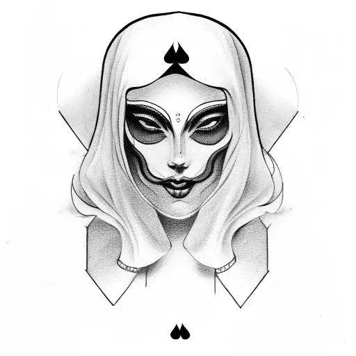 women witch mask, casino card, alcohol,money tattoo design idea