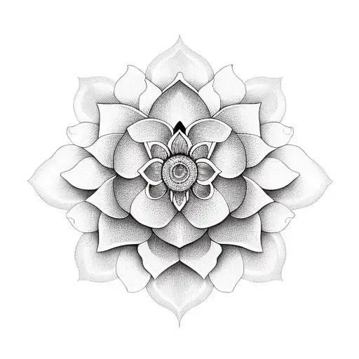 a symmetrical lotus flower with a geometric seed of life design all around tattoo design idea