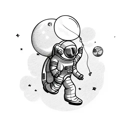 floating cartoon astronaut holding balloon  tattoo design idea