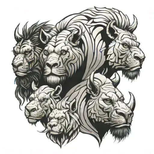rhino, lion and gorilla feirce face morphing tattoo design idea