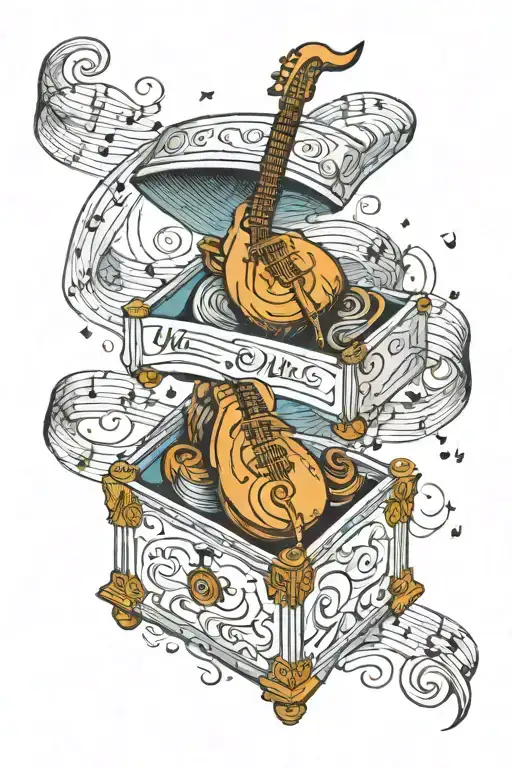 music box with aria lettering "when we rule the world" tattoo design idea