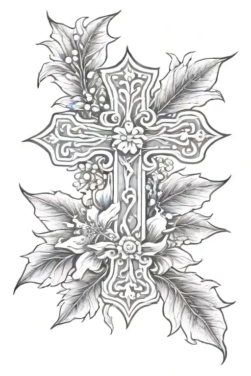 cross tattoo with snow drop and holly flowers tattoo design idea
