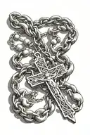 The names Zamarian, Zayden, and Zanaya in the chain of a rosary with praying hands tattoo design idea