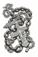 The names Zamarian, Zayden, and Zanaya in the chain of a rosary with praying hands tattoo design idea