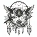 dreamcatcher in boho style, with intergrated symbols 28, daugther Sia, son Theo, husband Kaspar, dead beekeeper dad tattoo design idea