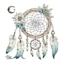 : a dreamcatcher in boho style, with intergrated symbols? 28, daugther Sia, son Theo, husband Kaspar, dead beekeeper dad tattoo design idea