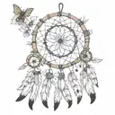 : a dreamcatcher in boho style, with intergrated symbols? 28, daugther Sia, son Theo, husband Kaspar, dead beekeeper dad tattoo design idea