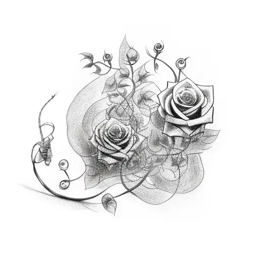 A tattoo machine and a microphone entwined with vines and roses, with a dollar sign in the background tattoo design idea