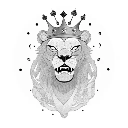 A roaring lion wearing a crown, surrounded by stacks of money and music notes tattoo design idea