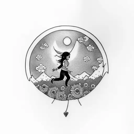 A minimalist tattoo of a girl scout with a backpack and long hair that smile through a sunflower field at sunset sicily tattoo design idea