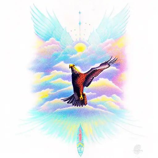 A majestic eagle soaring through a vibrant sunset sky tattoo design idea