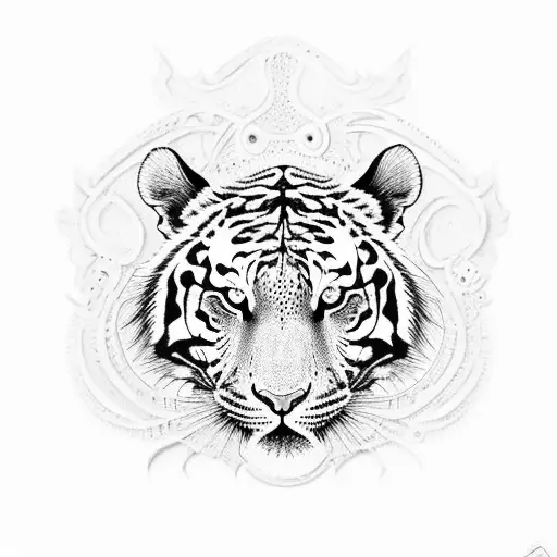 A tiger skull with intricate dotwork patterns tattoo design idea