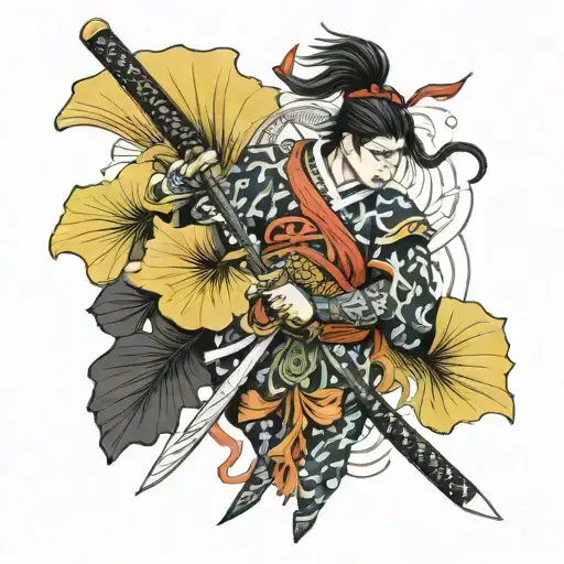 ginkgo leaf samurai sword tattoo design idea