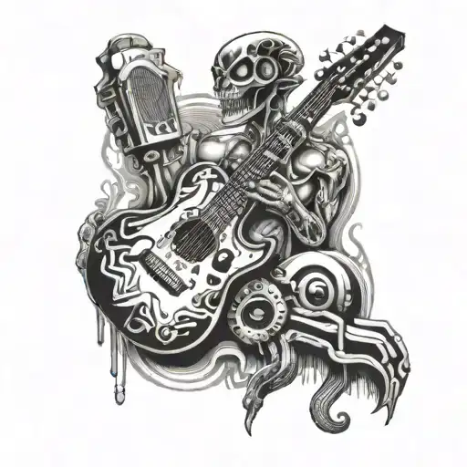 guitar and microphone morphing into HR Gieger alien tattoo design idea