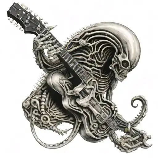 An alien playing a guitar with HR Giger-inspired biomechanical elements tattoo design idea