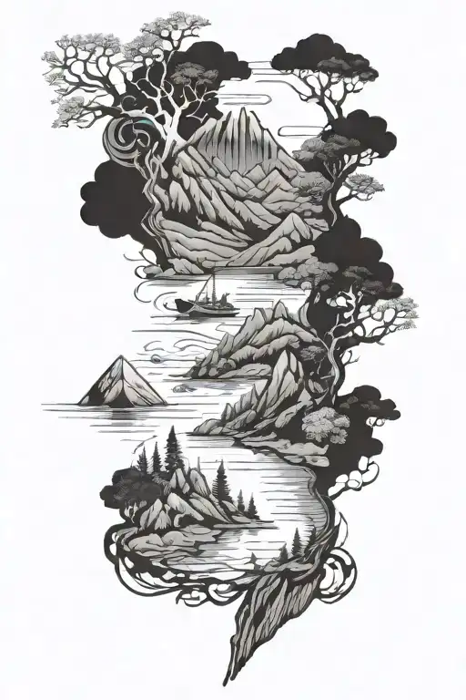 Dates : 1954-10-20, 1958-04-11, 1984-02-29, 1987-12-26 hidden in the sleeve. sleeve countains mountains and the sea tattoo design idea