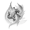 Create a minimal tattoo design featuring a majestic dragon flying over a landscape inspired by the game Skyrim tattoo design idea