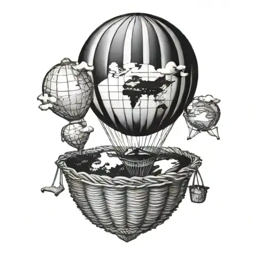 Air balloon with a world map in the balloon, but the basket is a high heel shoe tattoo design idea