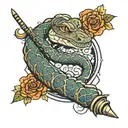 Traditional style tattoo of a snake coiled around a Japanese samurai sword, representing strength and resilience tattoo design idea