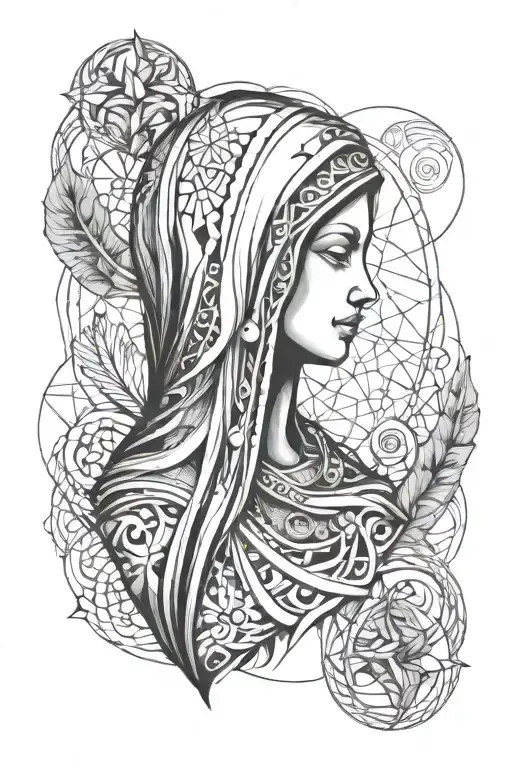 the Virgin Mary with shamanic symbolism- love and animals-  tattoo design idea