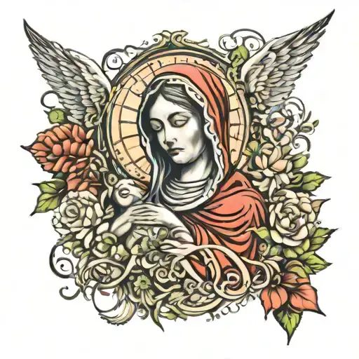 the Virgin Mary with intricate symbolism of love and nature tattoo design idea