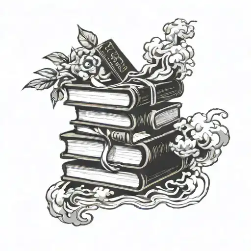 A tattoo of a stack of books with smoke rising from the top, symbolizing your love for reading and smoking weed tattoo design idea