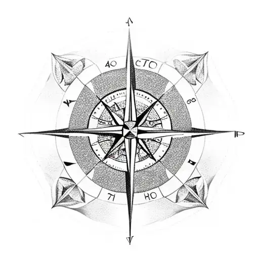 A compass rose with delicate dotwork details and shattered clock fragments tattoo design idea