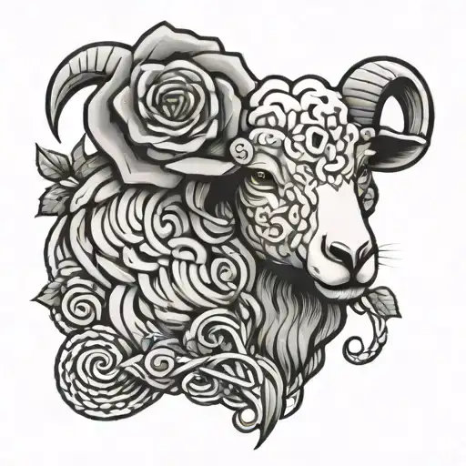 cartoon sheep rose and celtic knot intertwined tattoo design idea