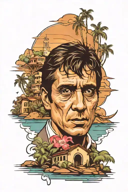 tony montana landscape tattoo design idea