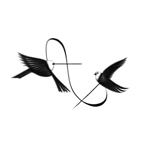 Two birds bonded by an infinite symbol forming a letter A and a letter R, black and white, Single Trace, no symmetry tattoo design idea