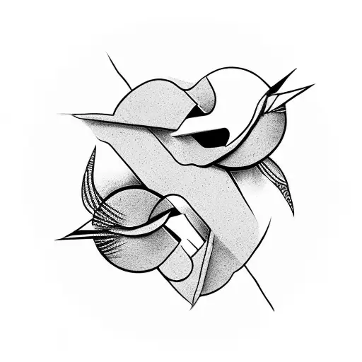 Two birds bonded by an infinite symbol forming a letter A and a letter R, black and white, no symmetry tattoo design idea