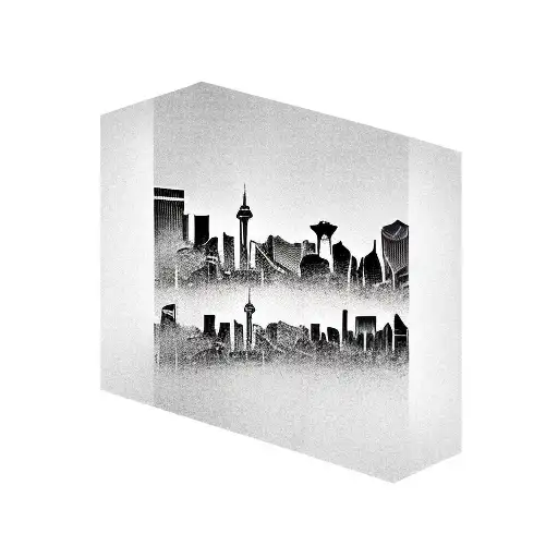 Create a realistic black and gray tattoo of the Las Vegas skyline merged with sheet metal textures tattoo design idea