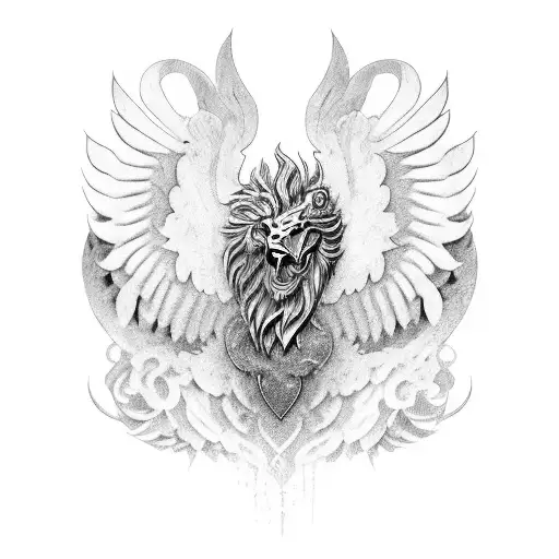 A portrait of a griffin, a mythical creature combining features of a lion and an eagle, to represent the client's favorite thing and family bond tattoo design idea