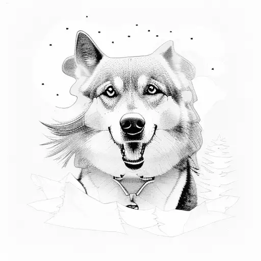 A supervisor hiking through a forest with a loyal dog by their side in black-grey style tattoo design idea