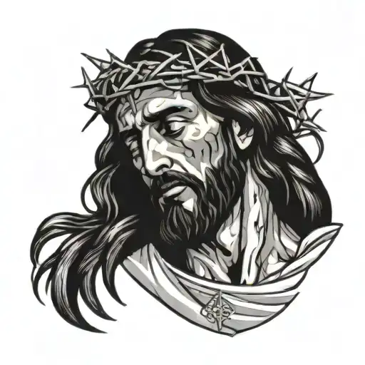 Jesus with one tear rolling down his cheek, with crown of thorns, looking up towards the sky tattoo design idea