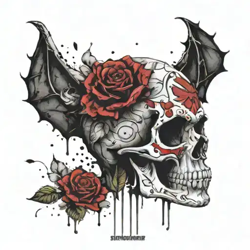 A sugar skull with roses and a bat on his head tattoo design idea
