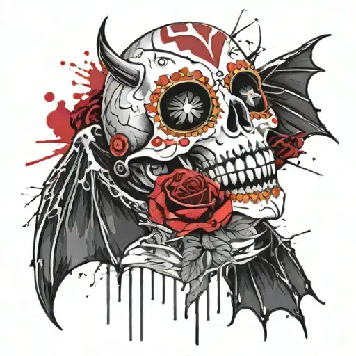 A sugar skull with roses and a bat holding tattoo design idea