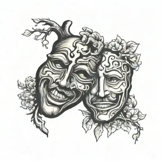 A mask of comedy and tragedy one half happy and one half sad in the shape of a realistic unhealthy human heart. tattoo design idea