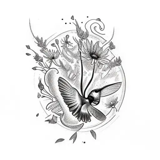 A traditional tattoo of a coffee mug filled with wildflowers and hummingbirds flying around it tattoo design idea