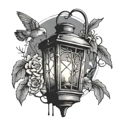 lantern shining light,night bird, cemetery background tattoo design idea
