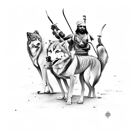 An Indian warrior leading a pack of wolves on a moonlit night tattoo design idea
