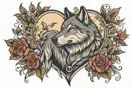 Wolf howling at bad moon flowers hearts butterflies music tattoo design idea