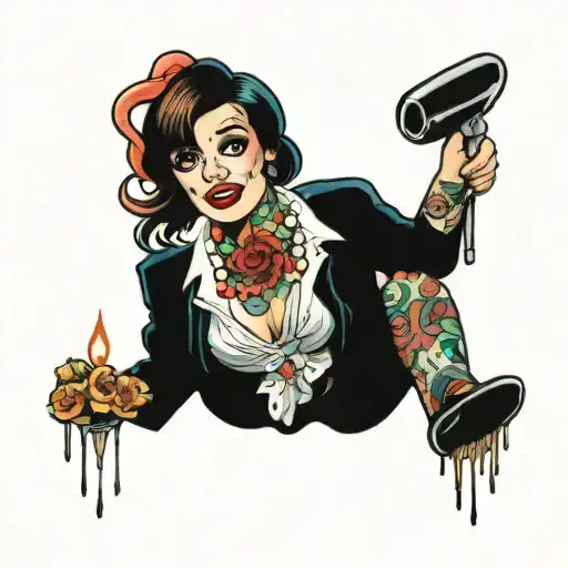 girl from the blink 182 state of enema album cover in an american traditional tattoo tattoo design idea