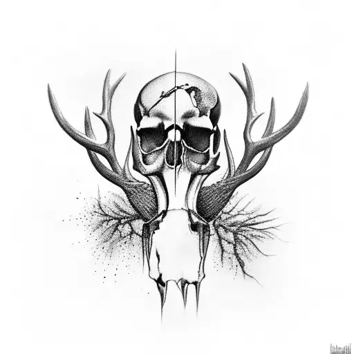 crow on top of deer skull tattoo design idea