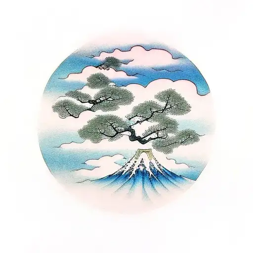 Japanese clouds with tree tattoo design idea