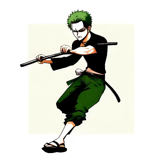 roronoa zoro in brand new clothes with three catanas tattoo design idea