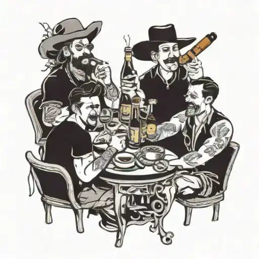 A tattoo design featuring a group of friends enjoying a fiesta with alcohol and cigars, symbolizing camaraderie and social gatherings tattoo design idea