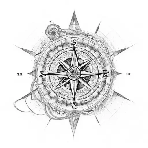 An intricate compass design with the words fearless and travel intertwined in the direction arrows tattoo design idea